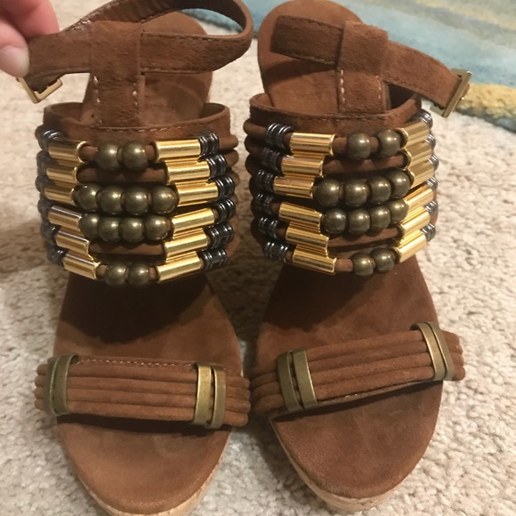 TORY BURCH brown suede w beads wedge sandals - Picture 2 of 7